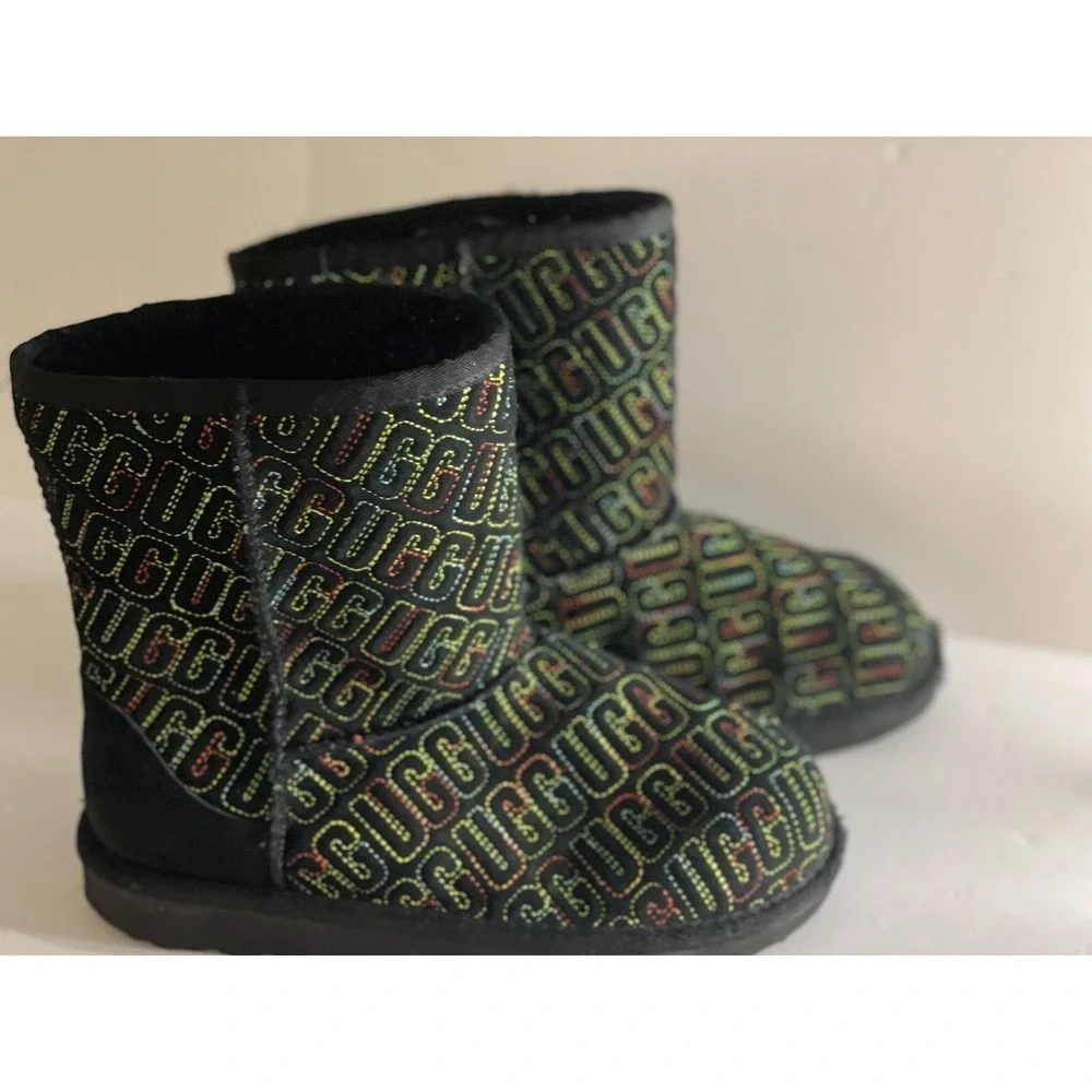 Ugg Boots Girls size 4 Graphic stitch rainbow colorful black slip on bootie